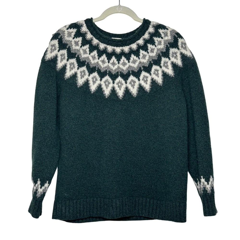 LL Bean Womens XL Fair Isle Lambswool Sweater Green Nordic Yoke Pullover Vintage